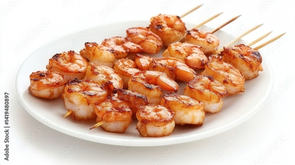 Grilled shrimp skewers served on a white plate isolated on a white background Grilled shrimp skewers served on a white plate isolated on a white background