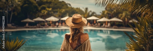 Beautiful young woman with long wavy hair in a straw hat is standing near the swimming pool. Vacation concept. Travel concept, Summertime concept with copy space.