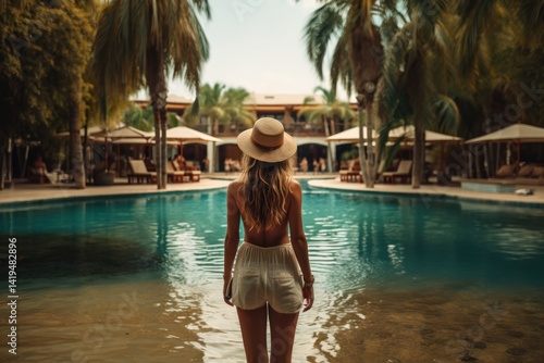 Back view of young woman in straw hat standing near swimming pool at resort. Vacation concept. Travel concept, Summertime concept with copy space.