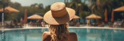 Back view of beautiful young woman in straw hat standing near swimming pool. Vacation concept. Travel concept, Summertime concept with copy space.