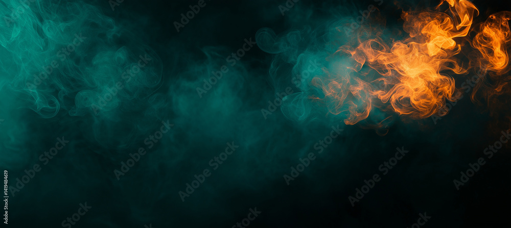 captivating blend of teal and orange smoke creates dramatic contrast against dark background, evoking sense of mystery and intrigue. swirling patterns add depth and movement to scene captivating blend of teal and orange smoke creates dramatic contrast against dark background, evoking sense of mystery and intrigue. swirling patterns add depth and movement to scene