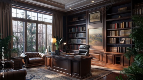 Expansive executive office showcases dark wood furnishings and rich textures