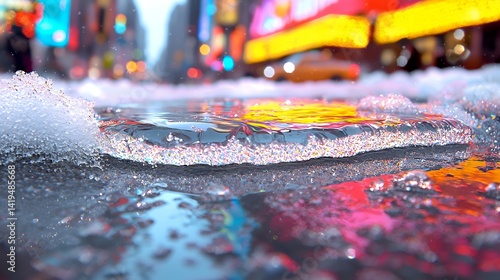 Wallpaper Mural Frozen puddle reflecting neon lights nyc winter scene Torontodigital.ca