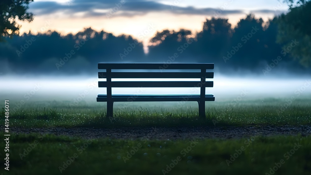 A solitary bench in a serene park, surrounded by mist and trees at dusk, creating a tranquil atmosphere. Concept Serene Park Scene, Solitary Bench, Misty Dusk Ambiance, Tranquil Atmosphere A solitary bench in a serene park, surrounded by mist and trees at dusk, creating a tranquil atmosphere. Concept Serene Park Scene, Solitary Bench, Misty Dusk Ambiance, Tranquil Atmosphere