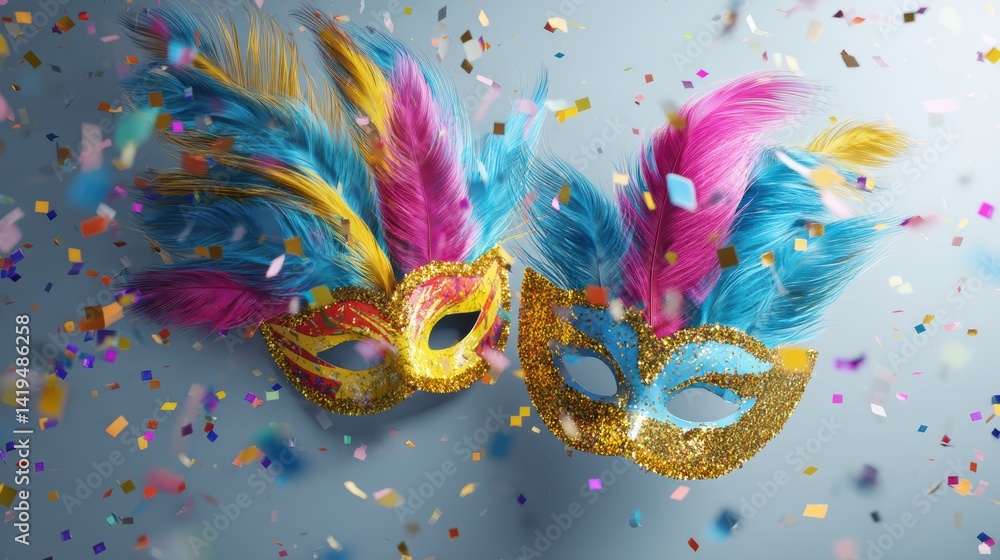 Two colorful masquerade masks with feathers floating among colorful confetti. The vibrant colors, playful design, and whimsical setting evoke a sense of fun and celebration. Two colorful masquerade masks with feathers floating among colorful confetti. The vibrant colors, playful design, and whimsical setting evoke a sense of fun and celebration.