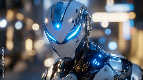 Sleek futuristic robot glowing blue accents detailed metallic design city night bokeh background