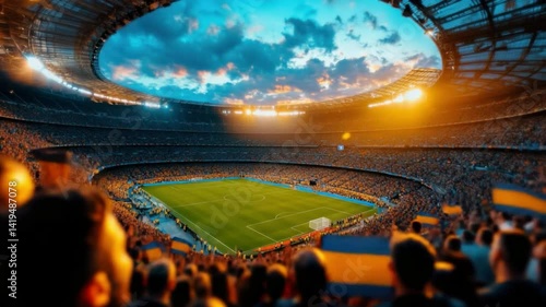 Stadium Spectacle: The expansive stadium is filled with cheering fans and bathed in a vibrant atmosphere, highlighting the excitement and passion of the sport, with the playing field ready for action.