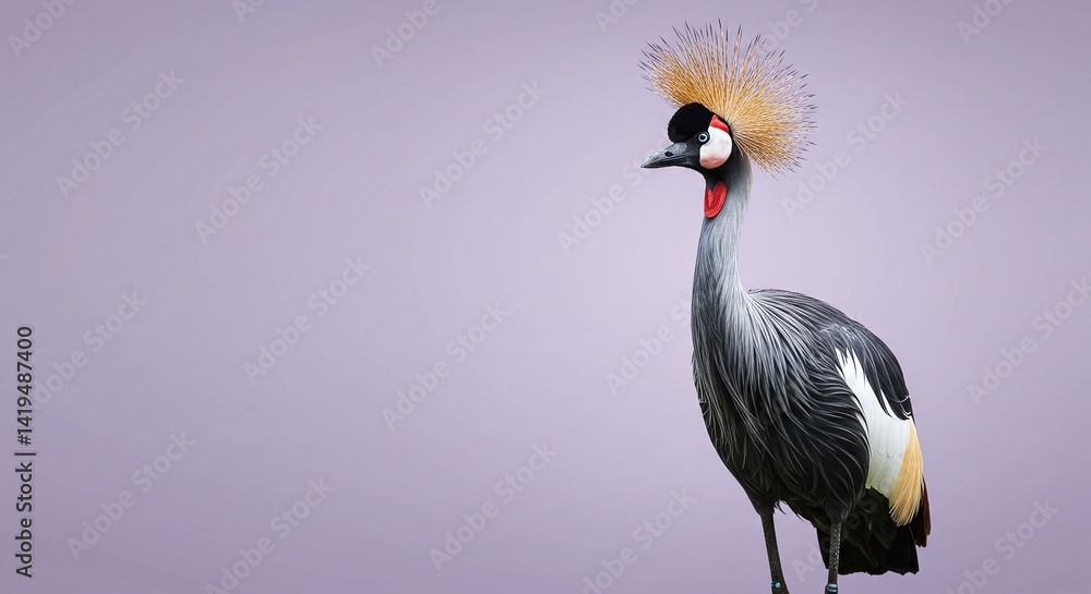 elegant crowned crane standing isolated on pale lilac purple background. generative AI elegant crowned crane standing isolated on pale lilac purple background. generative AI