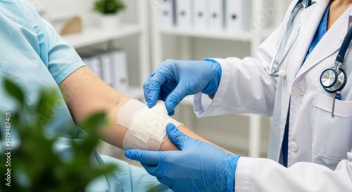 Doctor applying a bandage to a patient's arm in a bright hospital interior with houseplant – close-up medical care scene