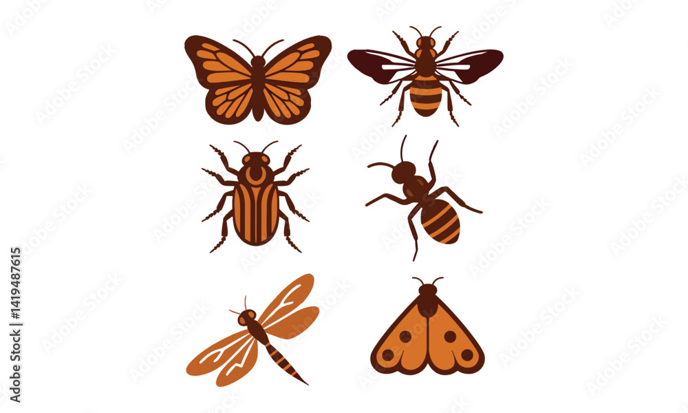 Set of 6 Insects - Butterfly, Bee, Ant, Dragonfly, Moth, Beetle Icons for Nature Design Set of 6 Insects - Butterfly, Bee, Ant, Dragonfly, Moth, Beetle Icons for Nature Design