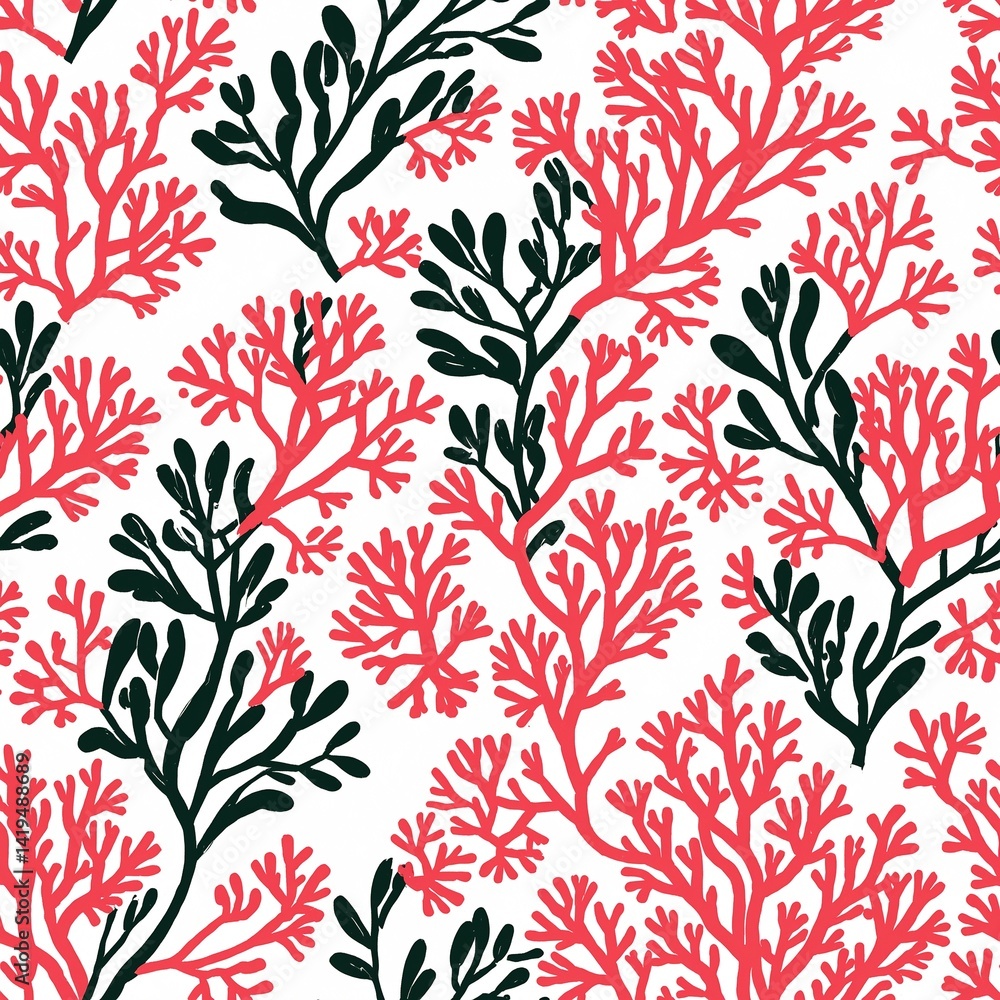 Fototapeta premium Pink coral pattern vintage retro design wallpaper on plain white clean background simple minimalist concept seamless tiling tile