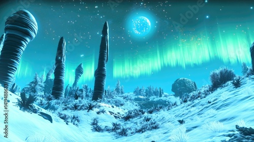 Snowy alien landscape, tall spires, aurora borealis.