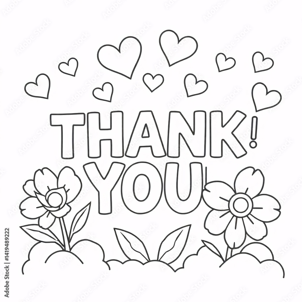 Thank You Coloring Page with Hearts and Flowers Thank You Coloring Page with Hearts and Flowers