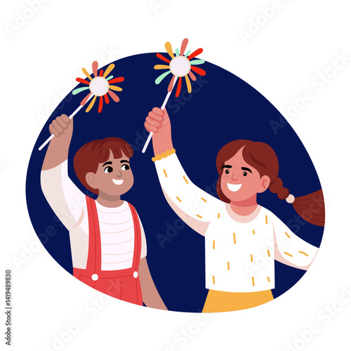 Flat illustration showing kids playing with sparklers
