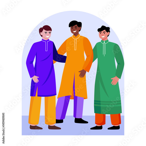 Flat style illustration showing people wearing diwali costumes