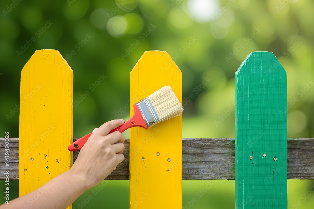 Hand painting a wooden fence with bright yellow paint using a red-handled brush
