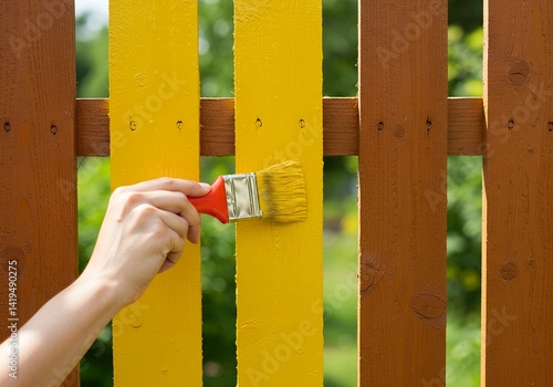Obraz na płótnie Hand painting a wooden fence with bright yellow paint using a red-handled brush w salonie