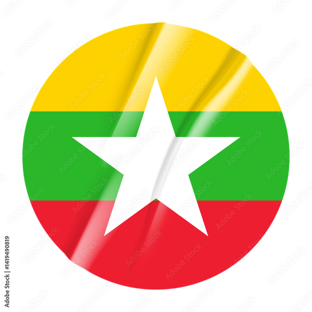 Flag of Myanmar flag round sticker. 3d illustration wrinkled flag sticker patch transparation png Flag of Myanmar flag round sticker. 3d illustration wrinkled flag sticker patch transparation png