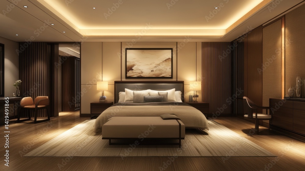 Fototapeta premium Serene hotel bedroom showcases luxurious design and warm lighting