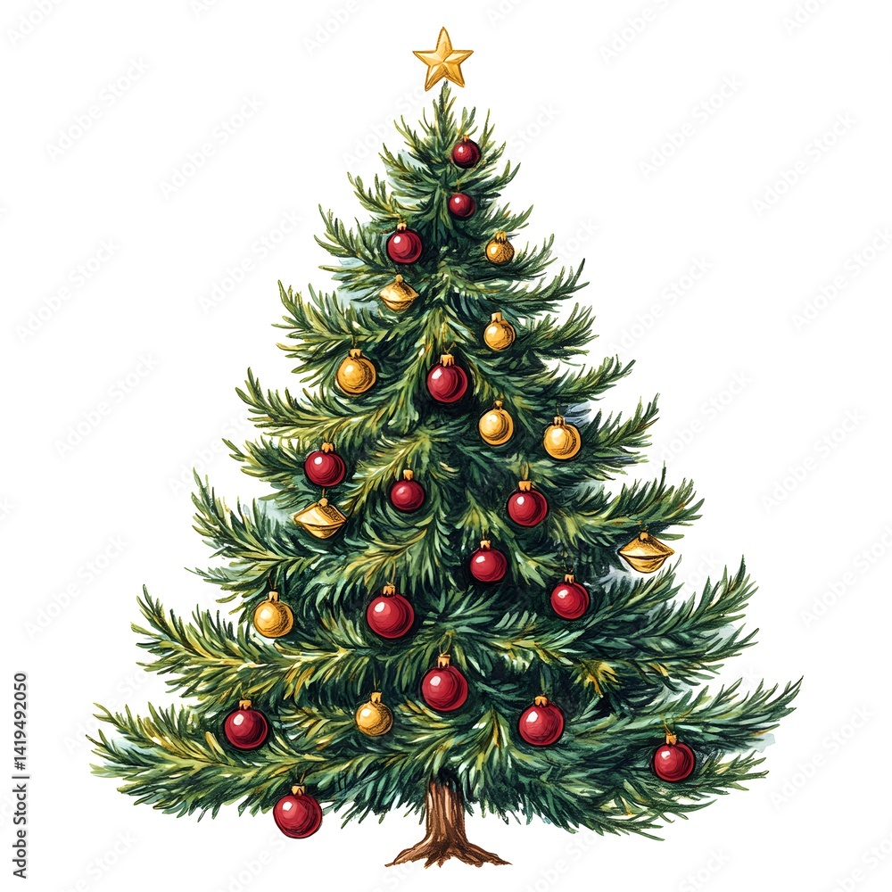 A beautifully illustrated Christmas tree adorned with red and gold ornaments stands tall against a pristine white background. A beautifully illustrated Christmas tree adorned with red and gold ornaments stands tall against a pristine white background.