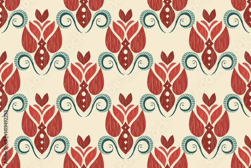 Pattern of stylized floral motifs in a deep reddish-brown color. Flower Ikat tribal seamless pattern, Ethnic Ikat abstract background art, illustration for greeting cards, printing, wallpaper.