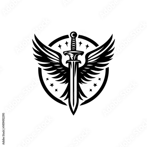 Vector logo design of eagle holding sword with wings spread wide, symbol of power and protection 