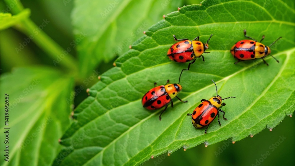Several red ladybugs with black spots crawling on a vibrant green leaf. Represents nature and insects Several red ladybugs with black spots crawling on a vibrant green leaf. Represents nature and insects