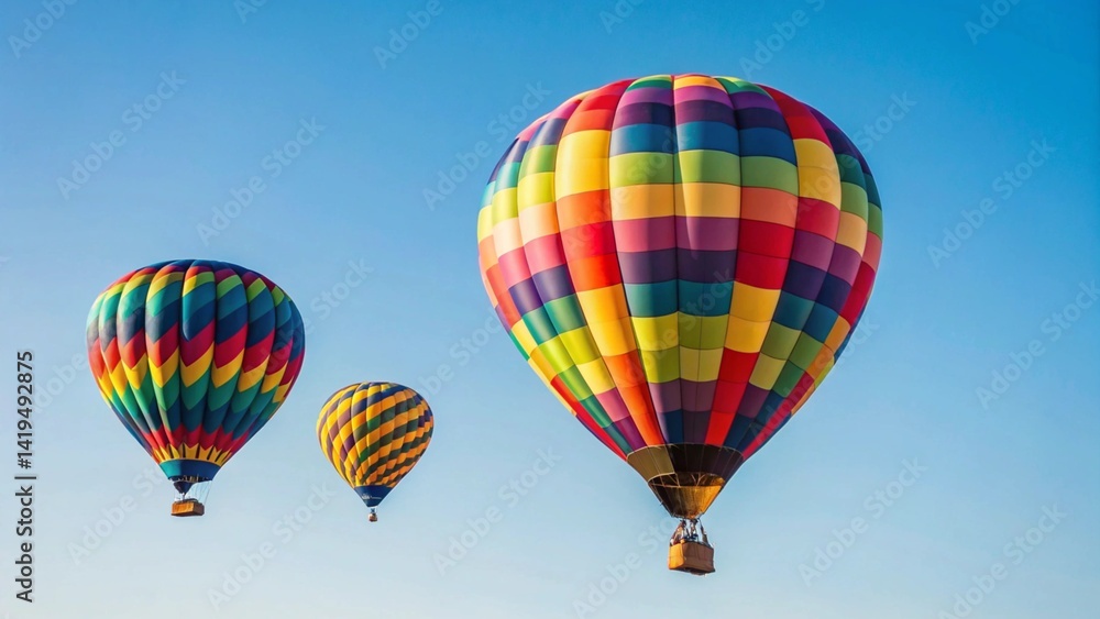 Obraz premium Group of vibrant hot air balloons against a bright blue sky. Ideal for illustrating travel and freedom