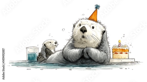 Adorable Sea Otters Birthday Celebration Watercolor Illustration