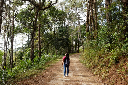 Wallpaper Mural Traveler Asian young girl with bag happy and standing in beautiful pine forest and curve walking route dirty path trail on the mountain in Thailand Torontodigital.ca