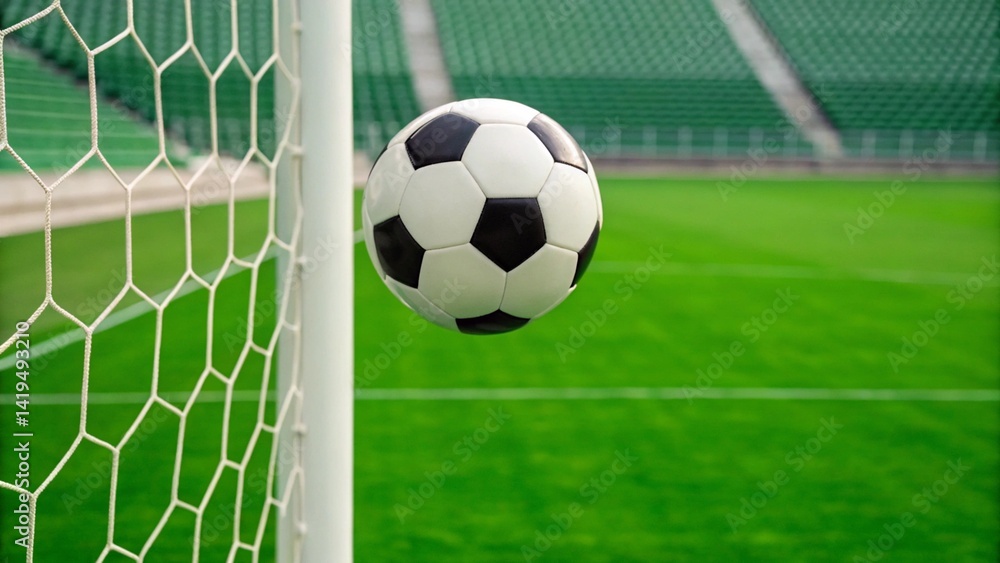 Soccer ball hitting the goal net with blurred green field in the background. Represents sport and scoring Soccer ball hitting the goal net with blurred green field in the background. Represents sport and scoring
