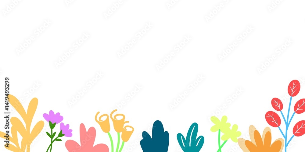 Fototapeta premium Nature background. Illustration floral concept for website banner, presentation template, cover and card design. Colorful abstract flat flowers and plants. Floral frame