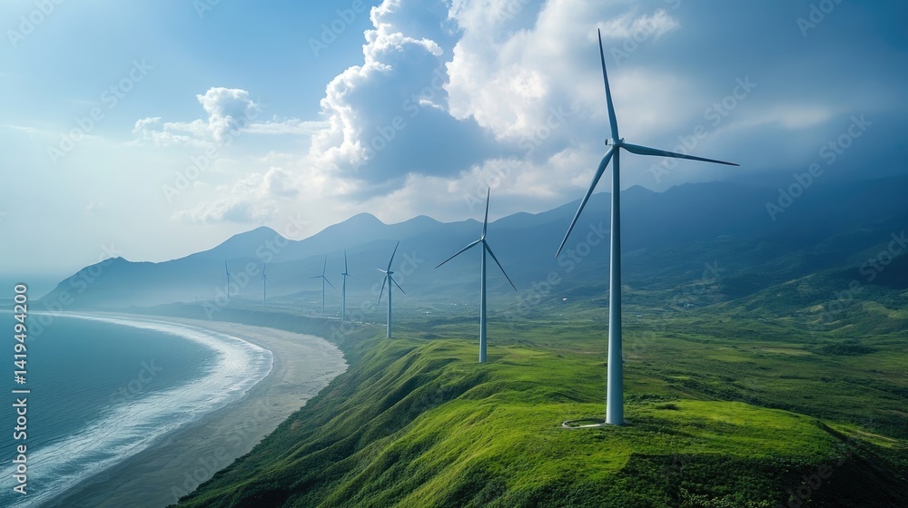Wind turbines generating clean energy on a green coastline with mountains in the background Wind turbines generating clean energy on a green coastline with mountains in the background