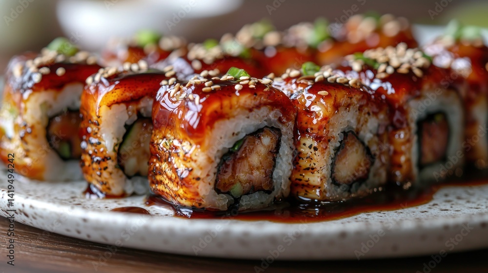 Unagi Sushi Rolls: A delectable close-up of glistening unagi sushi, meticulously arranged on a speckled plate, showcasing the rich, glossy glaze and sesame seeds. Unagi Sushi Rolls: A delectable close-up of glistening unagi sushi, meticulously arranged on a speckled plate, showcasing the rich, glossy glaze and sesame seeds.