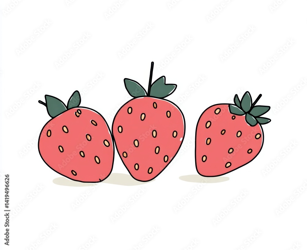 Three red strawberries with green leaves drawn in a simple style. The strawberries are arranged in a row, with the middle strawberry being the largest. Three red strawberries with green leaves drawn in a simple style. The strawberries are arranged in a row, with the middle strawberry being the largest.