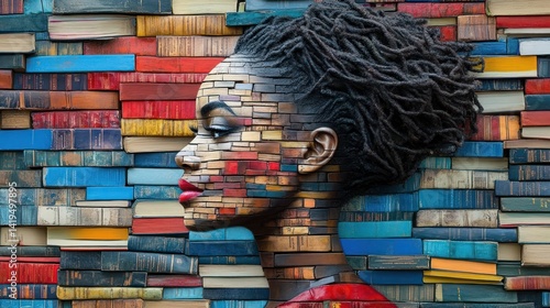 Woman's face formed from colorful book covers