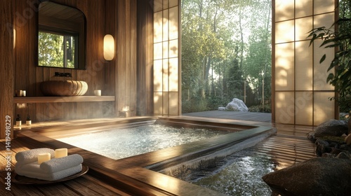 Beautiful wood paneled spa room with hot tub and nature
