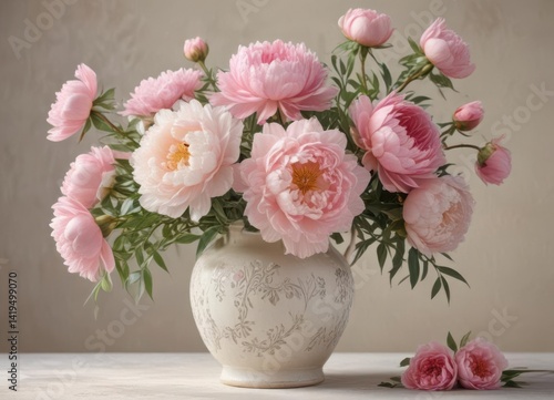 Delicate watercolor peonies & roses in a vintage vase  , fine art, delicate, design