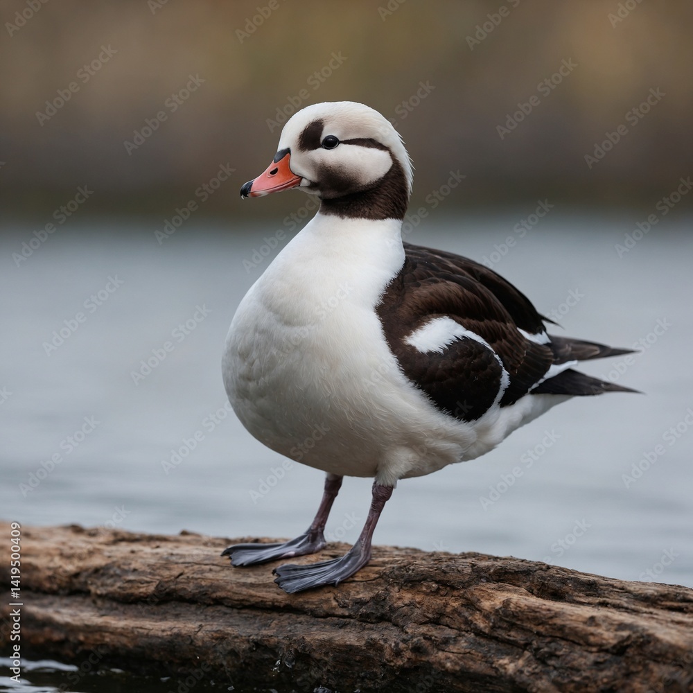 Long-tailed Duck bird on piece of wood Long-tailed Duck bird on piece of wood