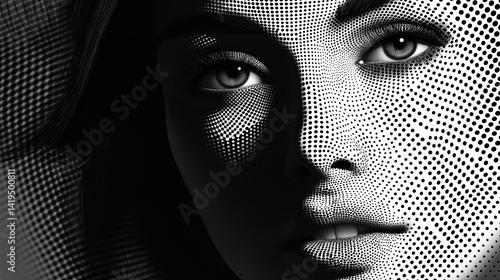 Schwarzweiß Bild einer Frau im Raster Drucktechnik Verfahren