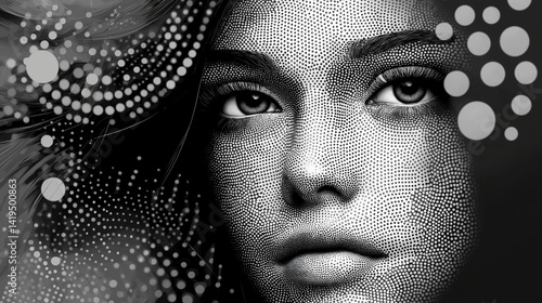 Schwarzweiß Bild einer Frau im Raster Drucktechnik Verfahren