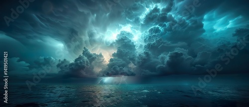 A dramatic thunderstorm over a vast ocean with dark clouds swirling and lightning illuminating the sky, powerful and atmospheric, high-definition,