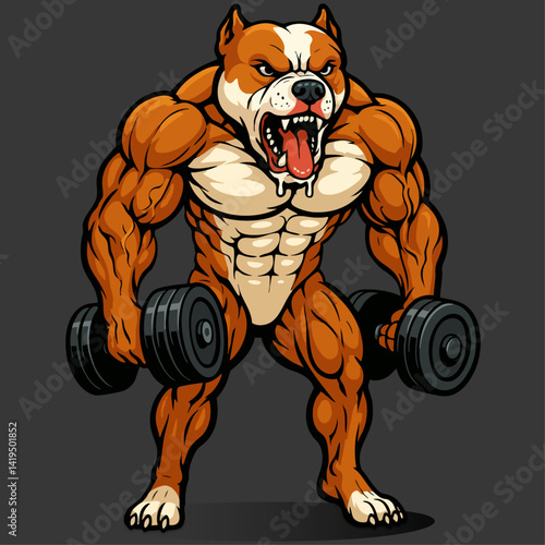 Pitbull musculoso segurando halteres – ilustração vetorial agressiva para academia e fitness