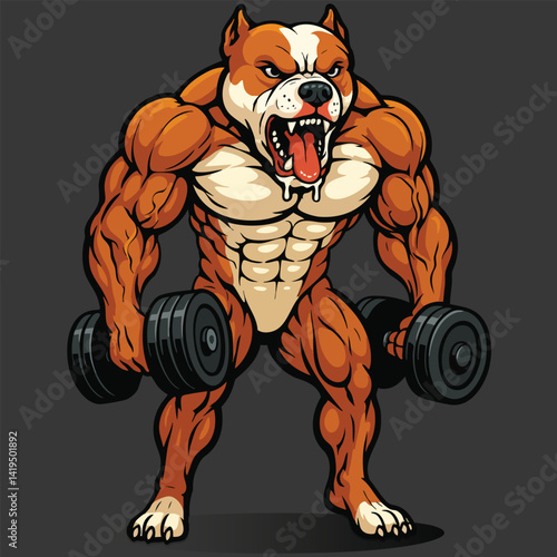 Pitbull musculoso segurando halteres – ilustração vetorial agressiva para academia e fitness