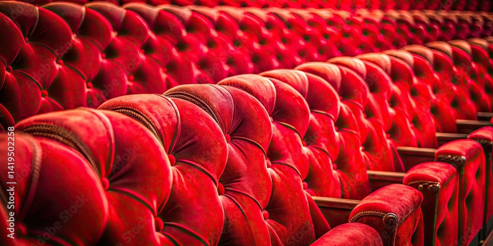 Fototapeta premium Macro Photography of Theatre Seats, Close-up Detail, Red Velvet Seats, Stage Seating, Auditorium, Cinema, Concert Hall, Theatre Interior, Clipping Path, Isolated, High Resolution Image