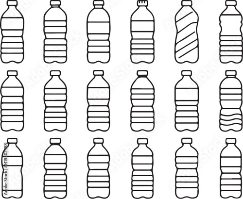 Create a 18 Water bottle set. Plastic bottle collection. Vector art with white background.