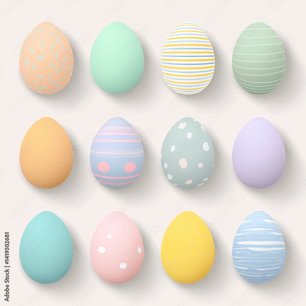 A dozen colorful Easter eggs with various patterns and pastel hues arranged elegantly. The scene evokes a sense of joy and springtime cheer. A dozen colorful Easter eggs with various patterns and pastel hues arranged elegantly. The scene evokes a sense of joy and springtime cheer.