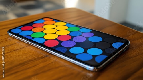 Colorful circles phone screen, wood table, cafe background