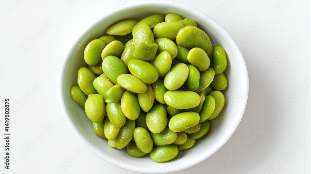 A bowl of fresh edamame beans. The vibrant green beans are arranged neatly in a simple white bowl. A bowl of fresh edamame beans. The vibrant green beans are arranged neatly in a simple white bowl.