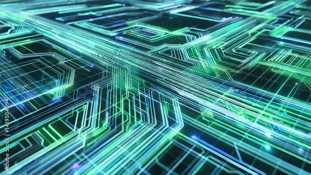 Flowing data streams forming circuits in green and blue
